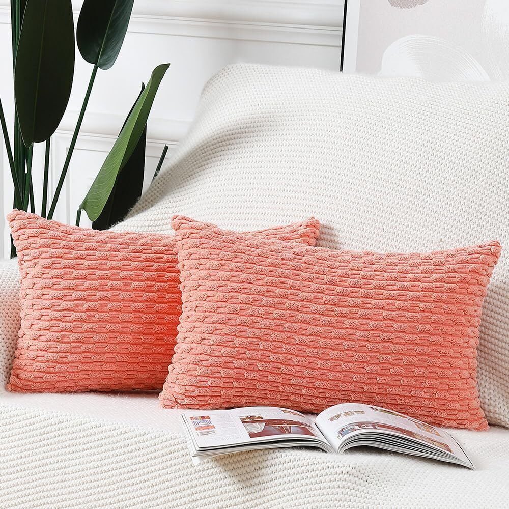 3613 Pack of 2 Boho Corduroy Striped Throw Pillow Covers 12x20 Inch Coral